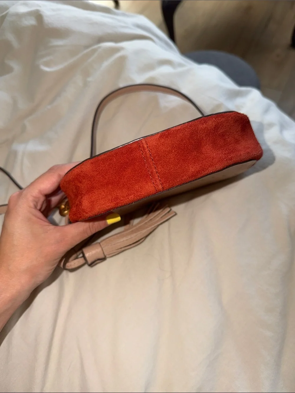 Tory Burch Blush Pink Croc-Embossed Round Crossbody with Red Trim